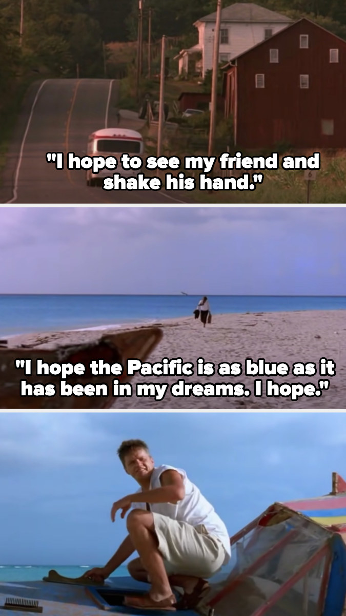 Red narrates, &quot;I hope to see my friend and shake his hand, I hope the Pacific is as blue as it has been in my dreams, I hope...&quot; and reunites with Andy on the beach