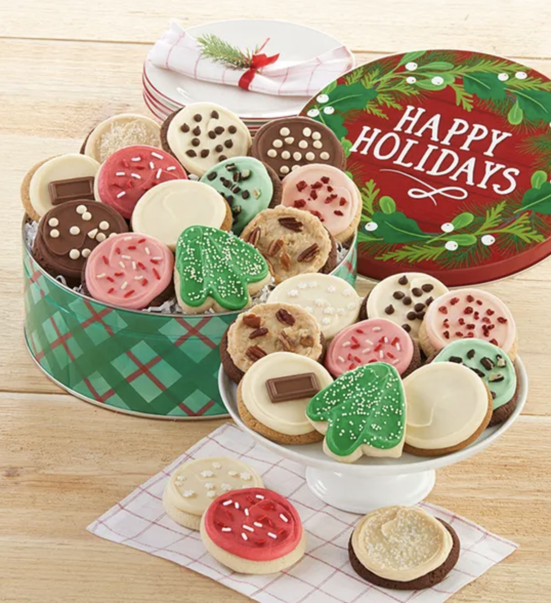 a tin overflowing with beautiful holiday cookies