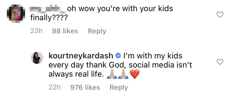 A screenshot of Kourtney&#x27;s comment