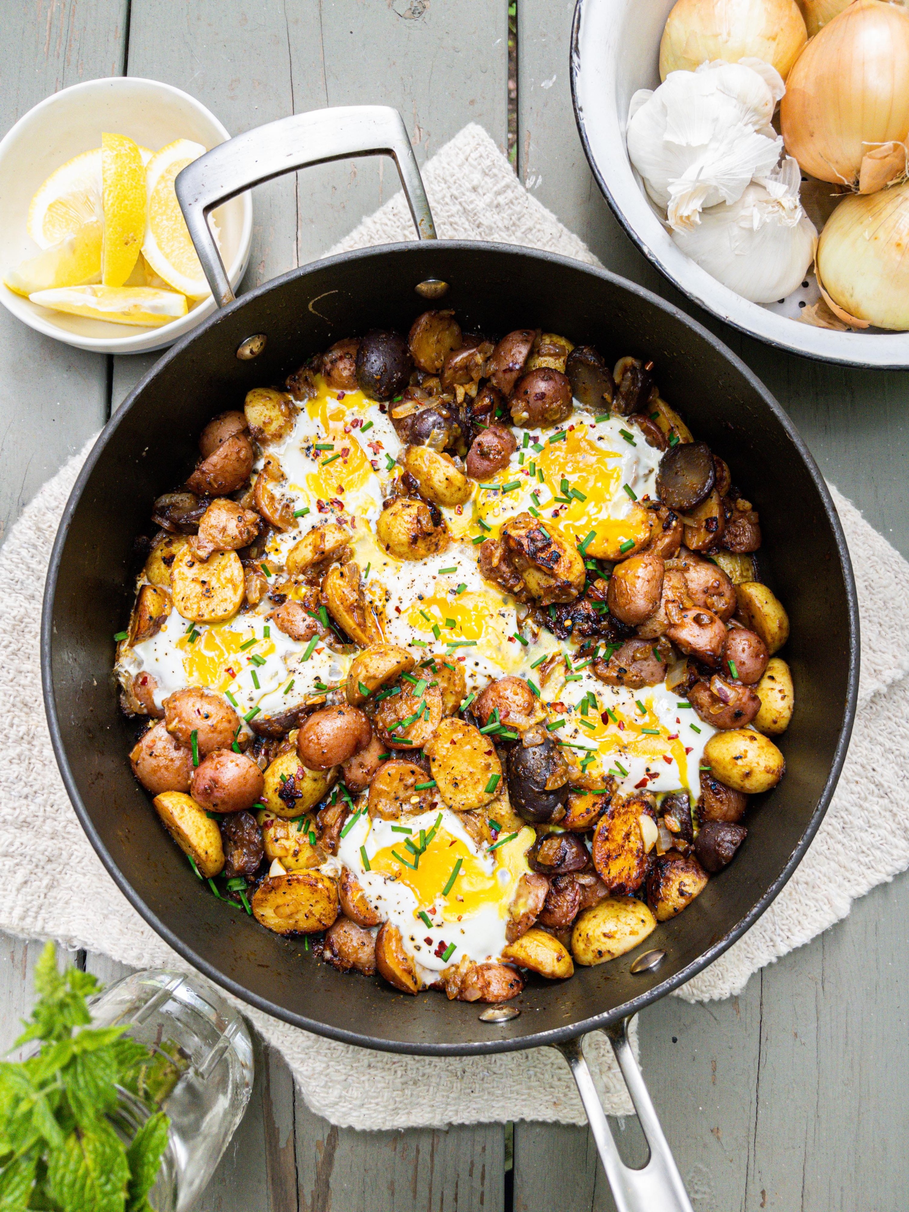 Huevos Rotos in a skillet