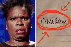 Leslie Jones looking shocked, and "tomorow" circled in red