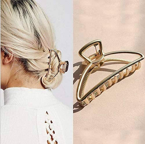 Side-by-side of the gold metal claw clip and a model wearing it in their hair