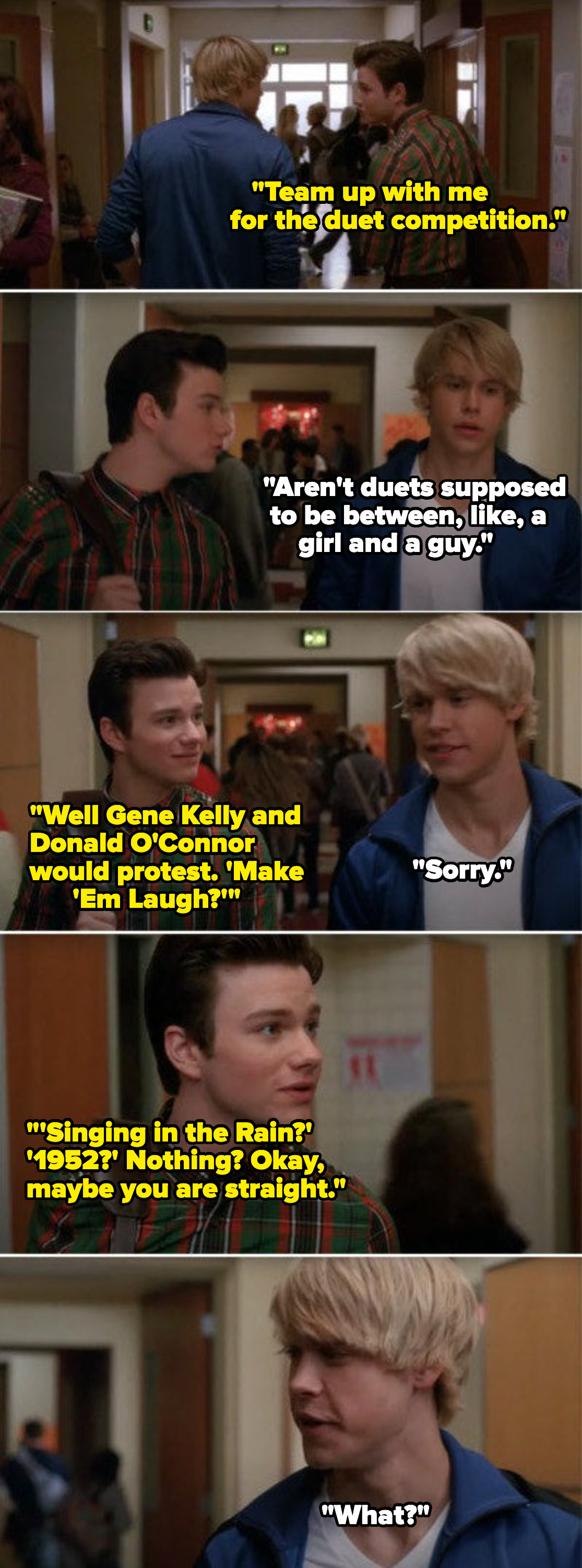 Kurt asking Sam to sing a duet with him.