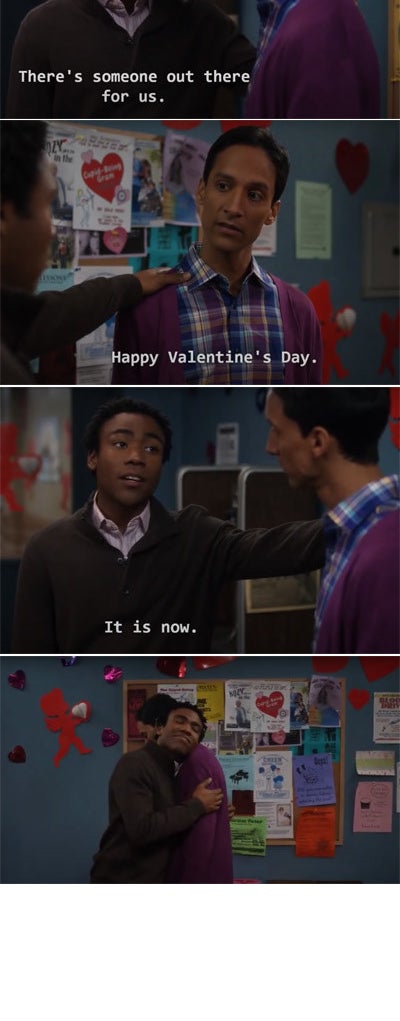 Abed wishing Troy a happy Valentine&#x27;s Day and them hugging