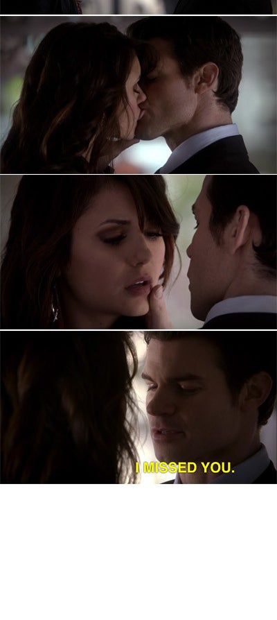 Elena pretending to be Katerina and kissing Elijah