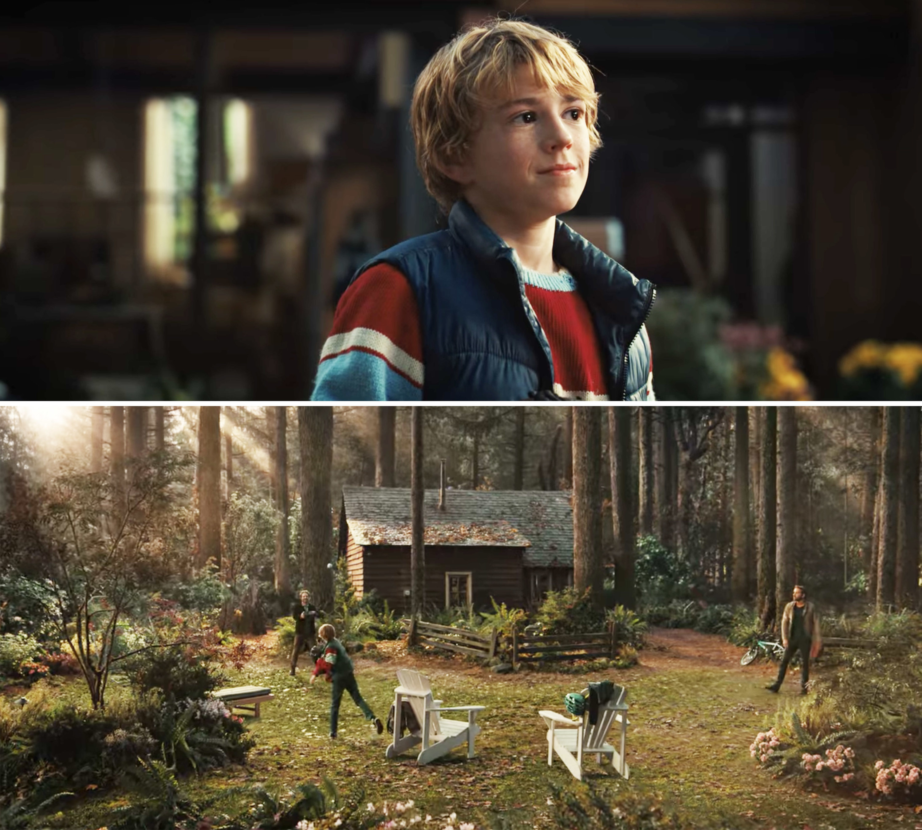 Walker Scobell and two men outside a cabin throwing a baseball