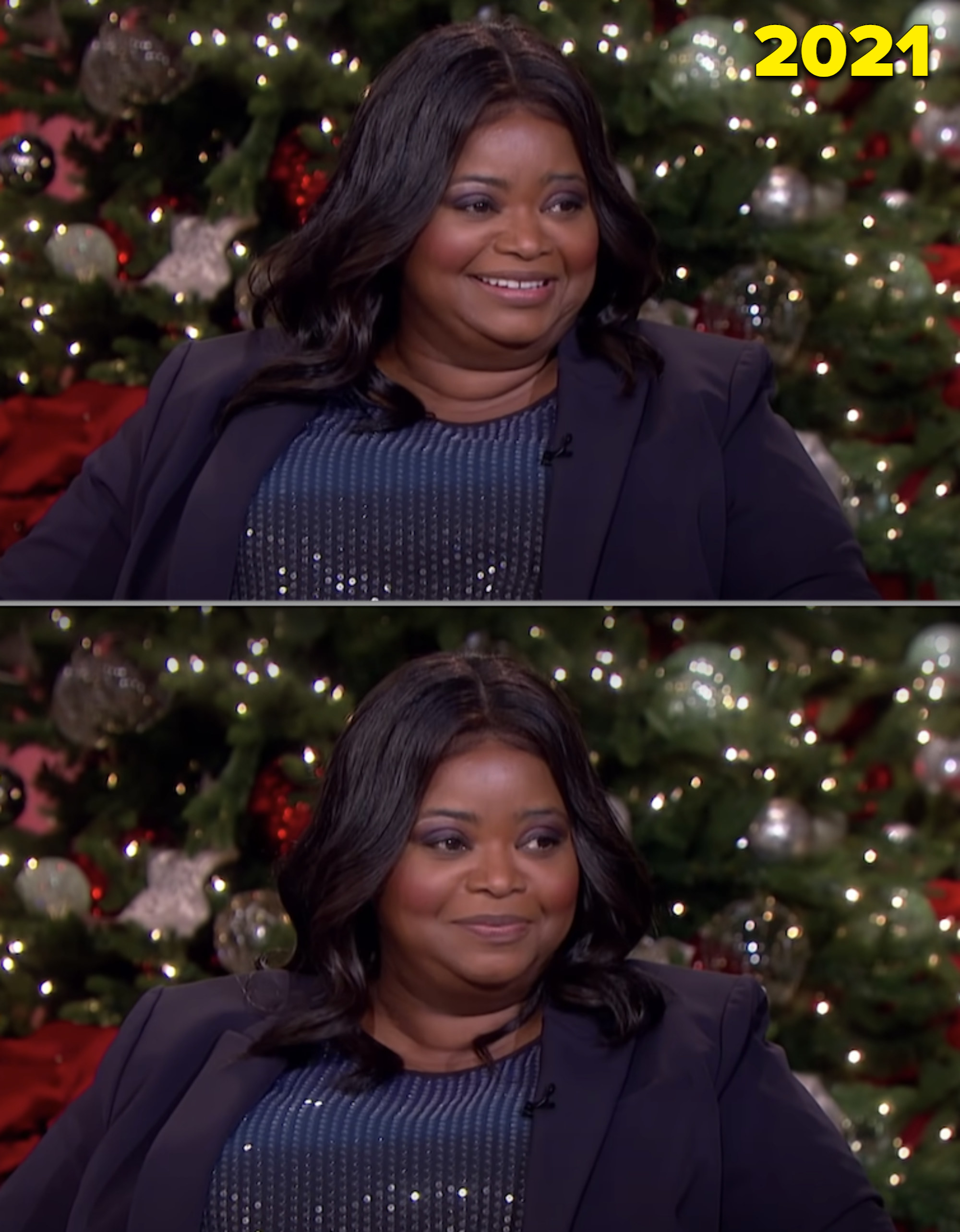 Octavia Spencer being interviewed on Ellen DeGeneres&#x27; talk show at Christmastime