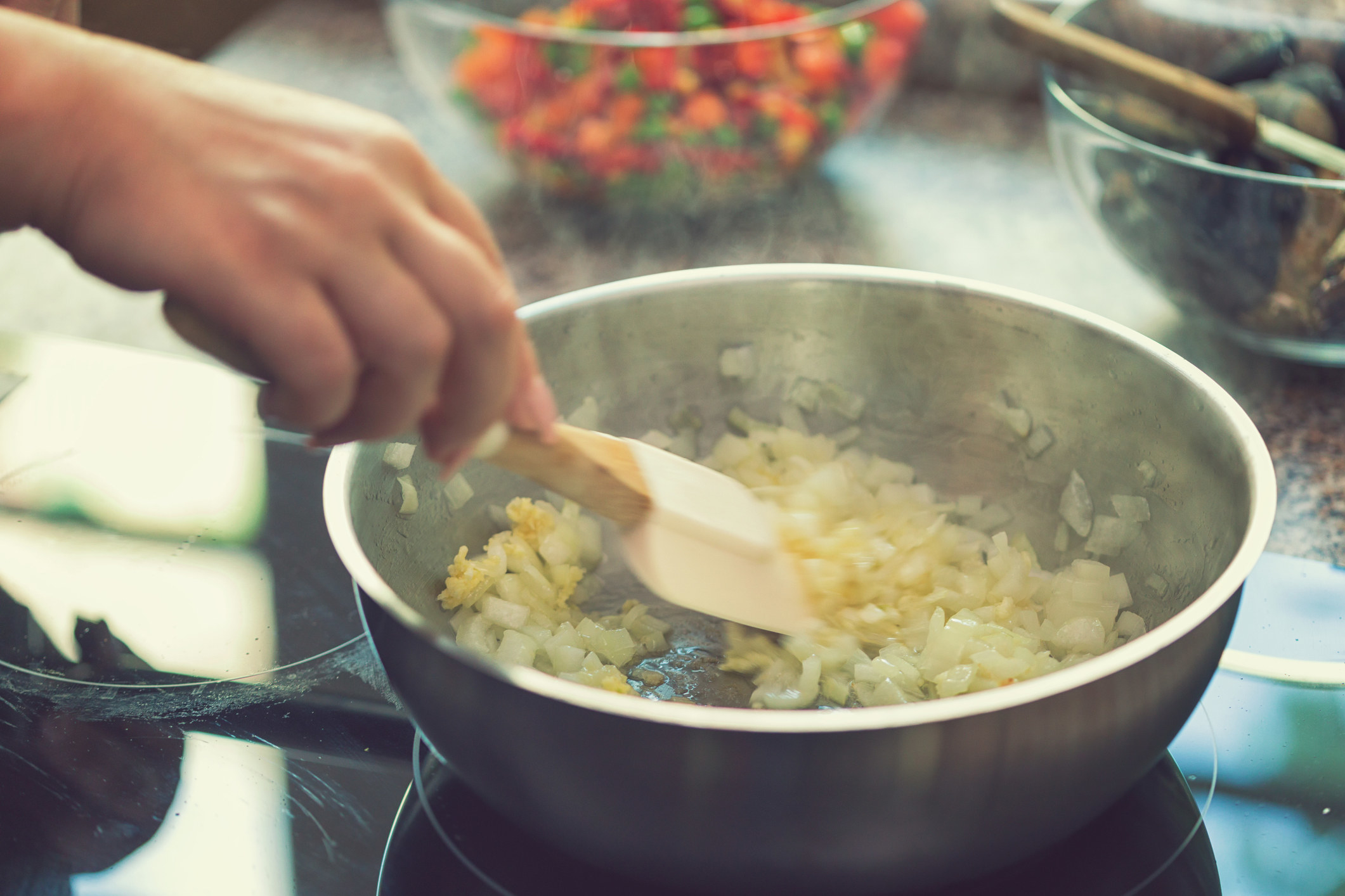 Onion and garlic in a pot.