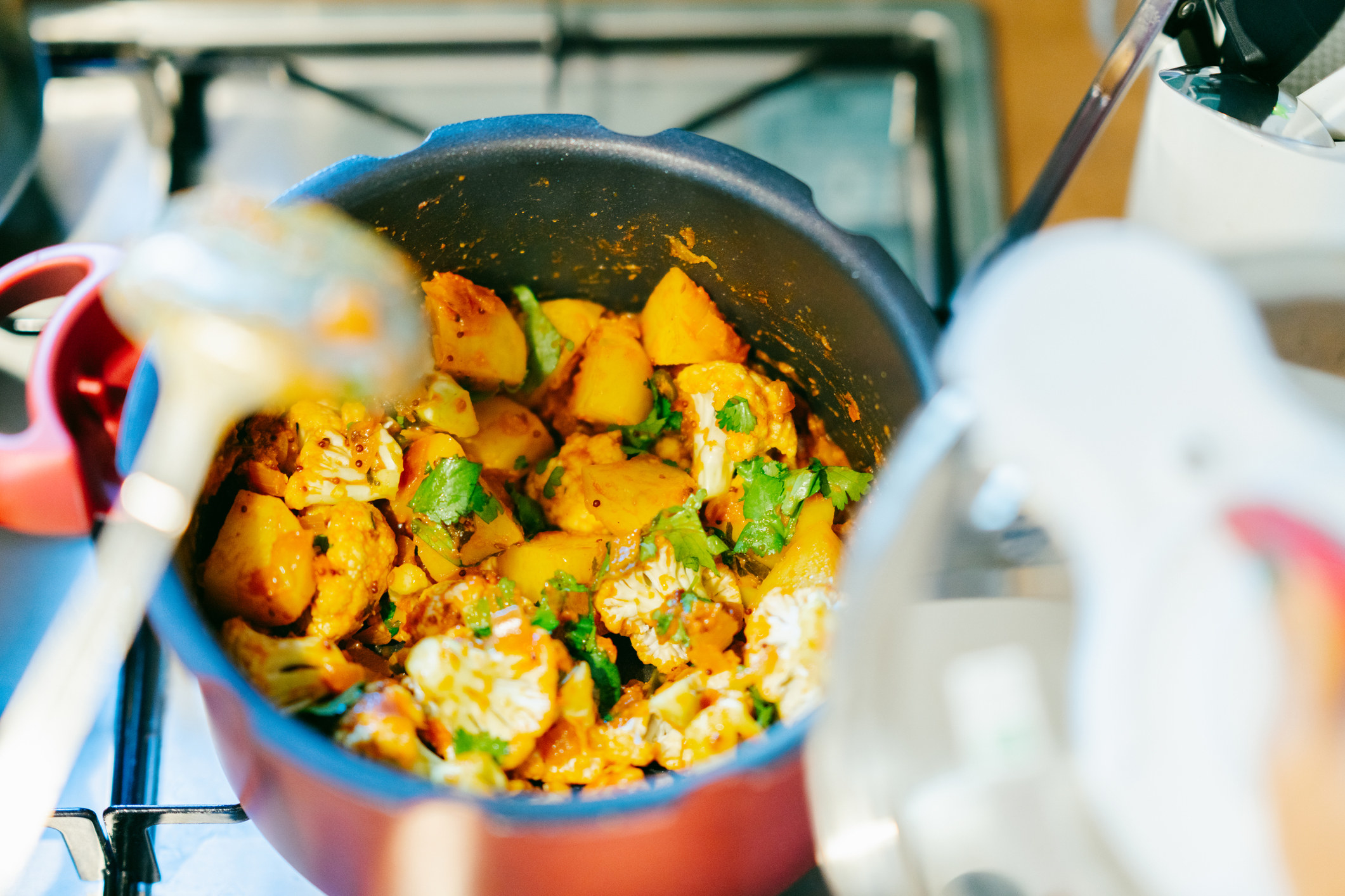 Cooking a pot of curry with vegetables.