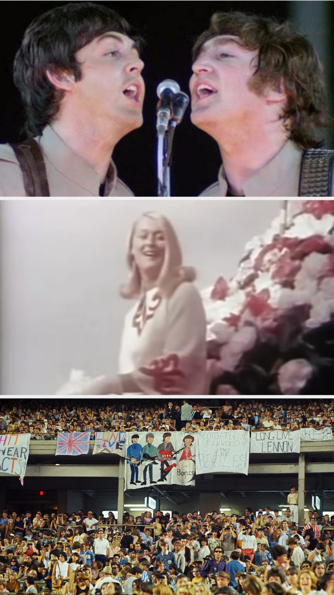 Paul McCartney and John Lennon singing on stage with Shea Stadium completely packed with fans