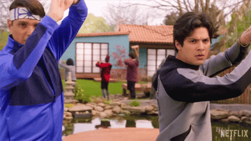 Daniel Larusso and Miguel practicing karate in &quot;Cobra Kai&quot;