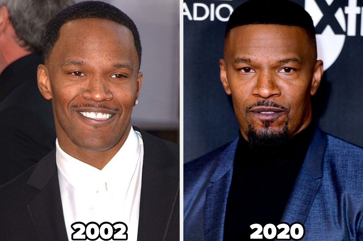 Jamie Foxx during the 59th Annual Golden Globe Awards in 2002 and on the right at the UK special screening of Just Mercy in 2020