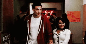 Finn and Rachel fist bumping in &quot;Glee&quot;