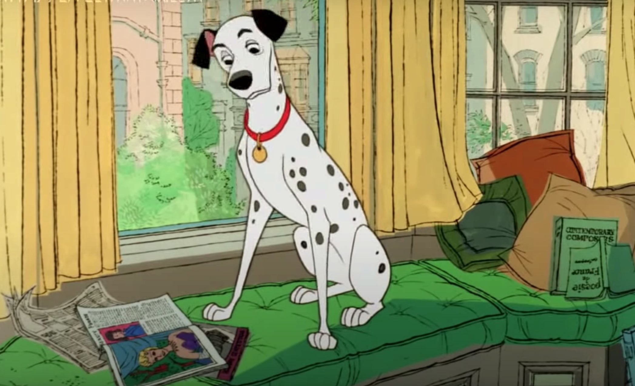 Pongo sitting at the window of Roger&#x27;s apartment in Disney&#x27;s &quot;101 Dalmations&quot;