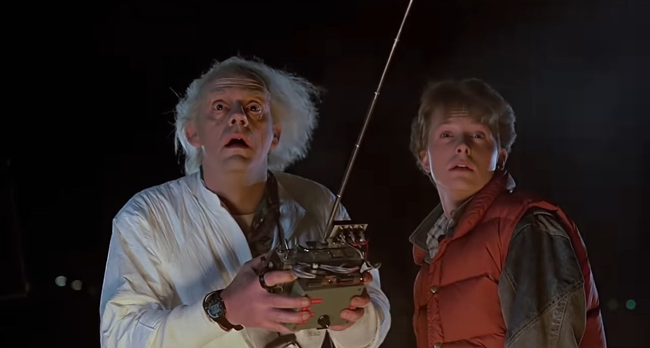 Doc Brown and Marty looking back after the Delorean vanished in &quot;Back to the Future&quot;