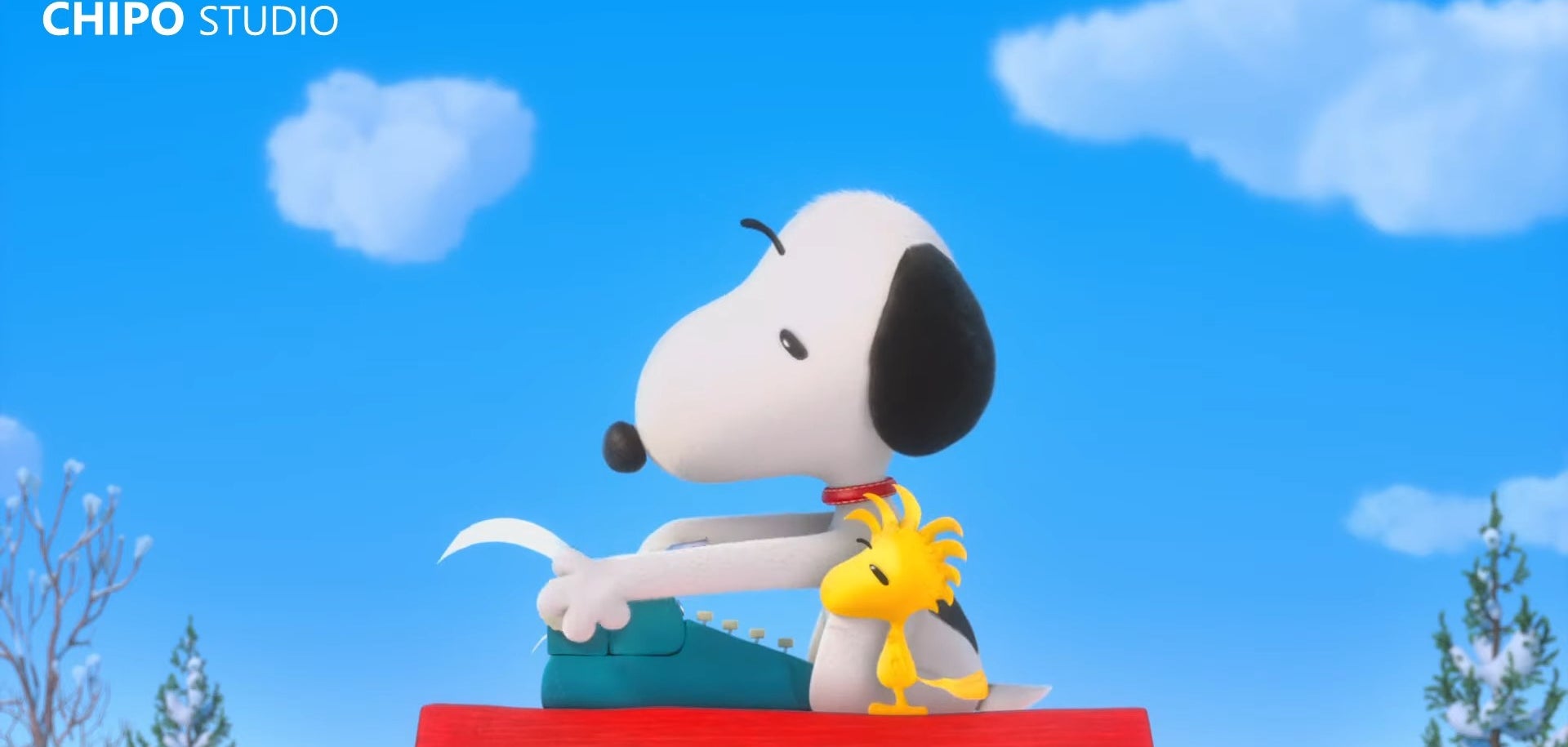 Snoopy and Woodstock looking at a typewriter in &quot;The Peanuts Movie&quot;