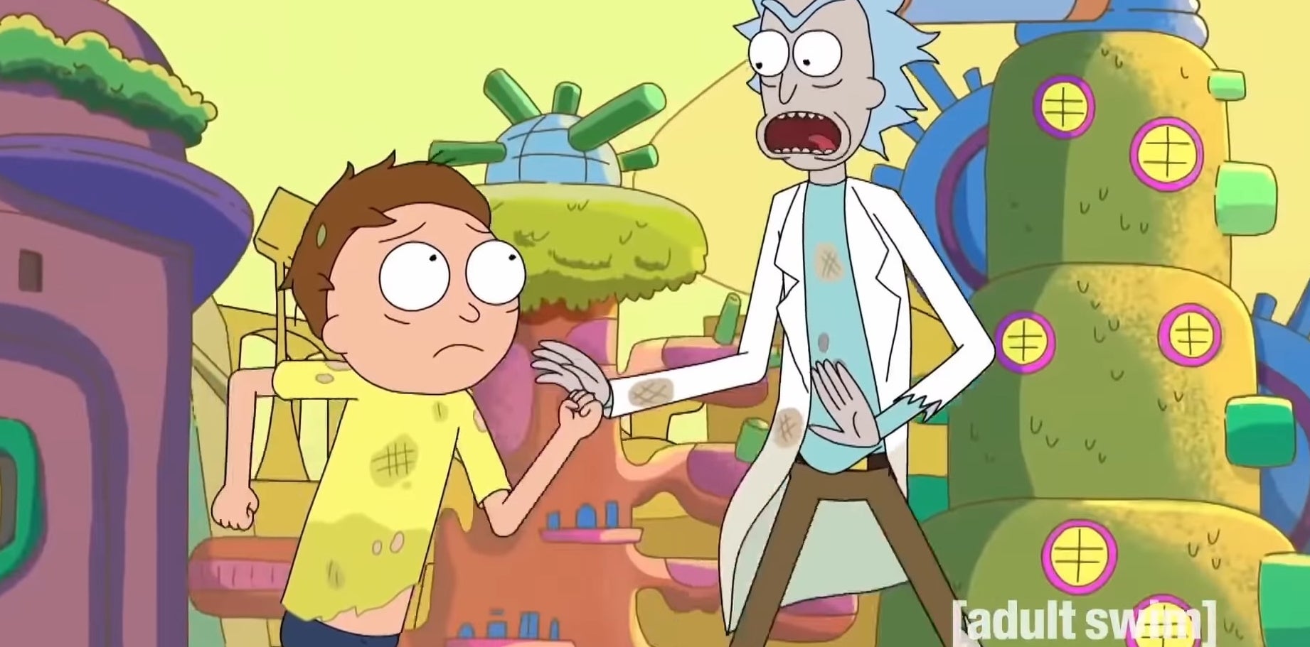 Rick and Morty running through Rick&#x27;s microverse in &quot;Rick and Morty&quot;