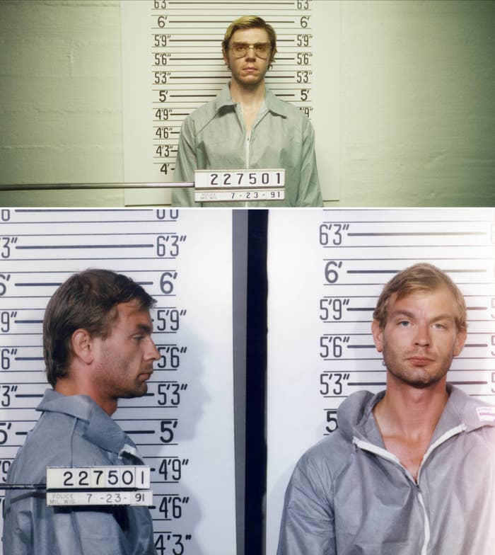 Evan as Jeffrey getting a mug shot vs the real Jeffrey&#x27;s mugshot