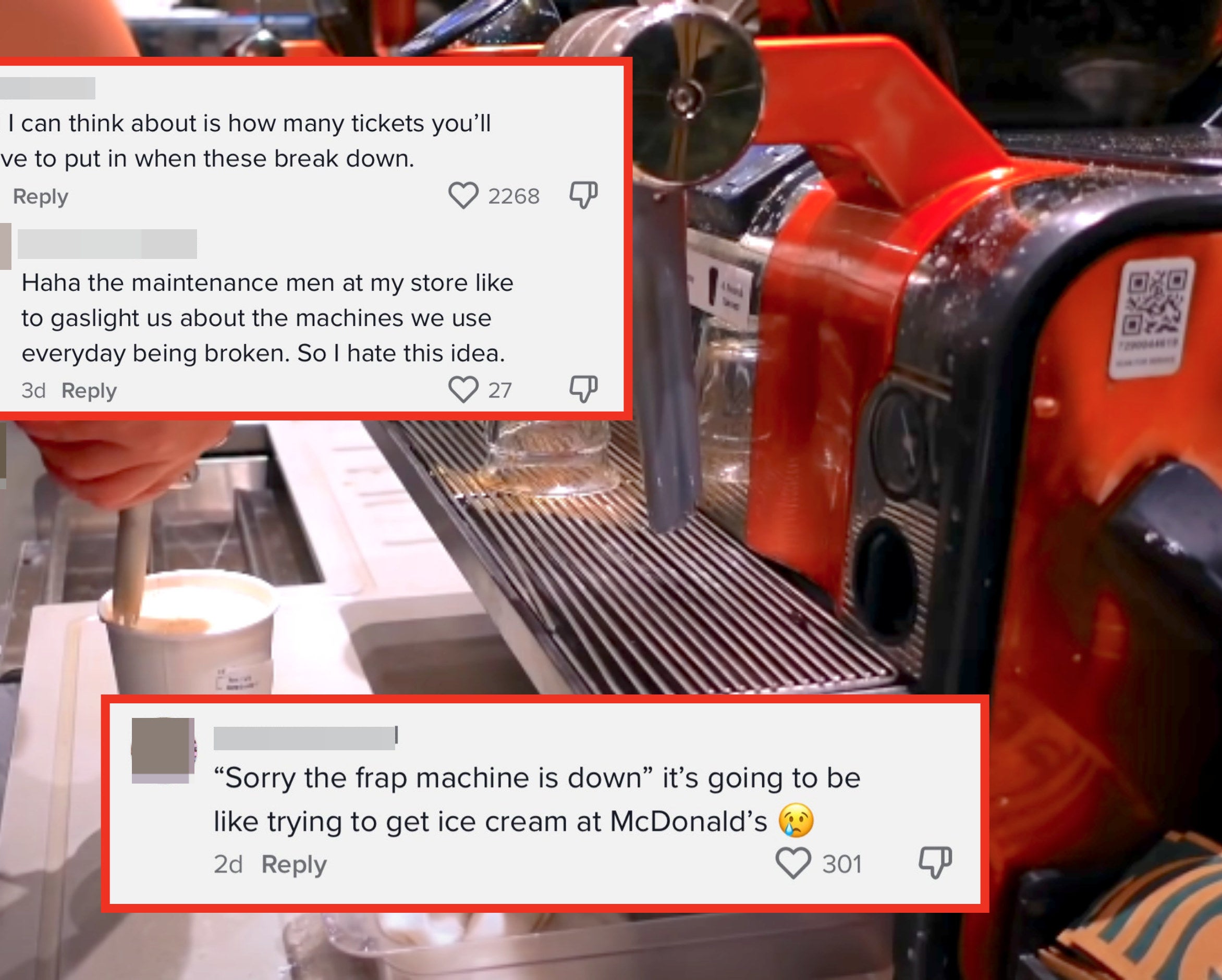 commenters saying that they&#x27;re worried about machines breaking down, and that getting a frap will be as difficult as getting ice cream at mcdonalds