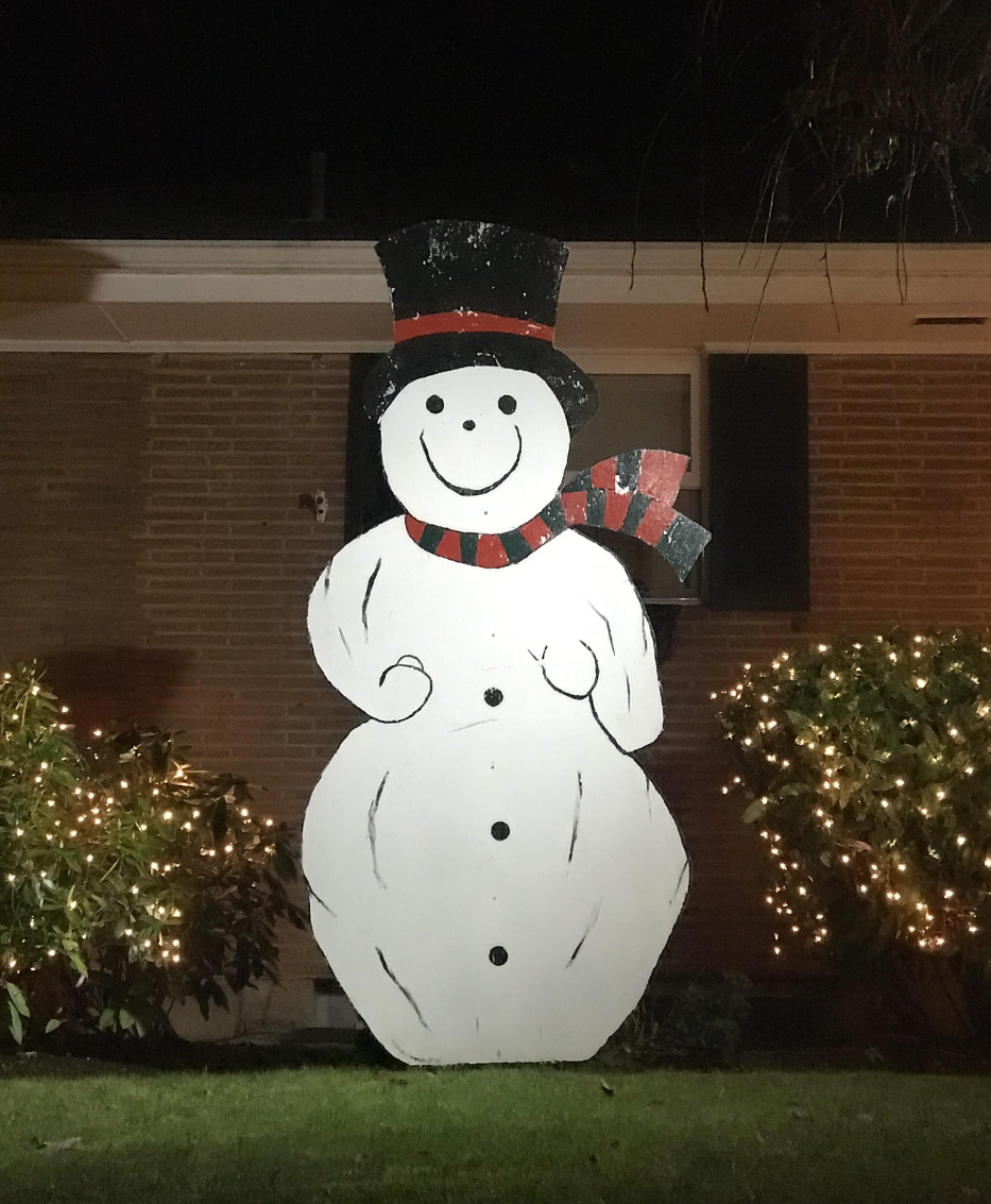 A smiling snowperson with one hand apparently cupping a breast