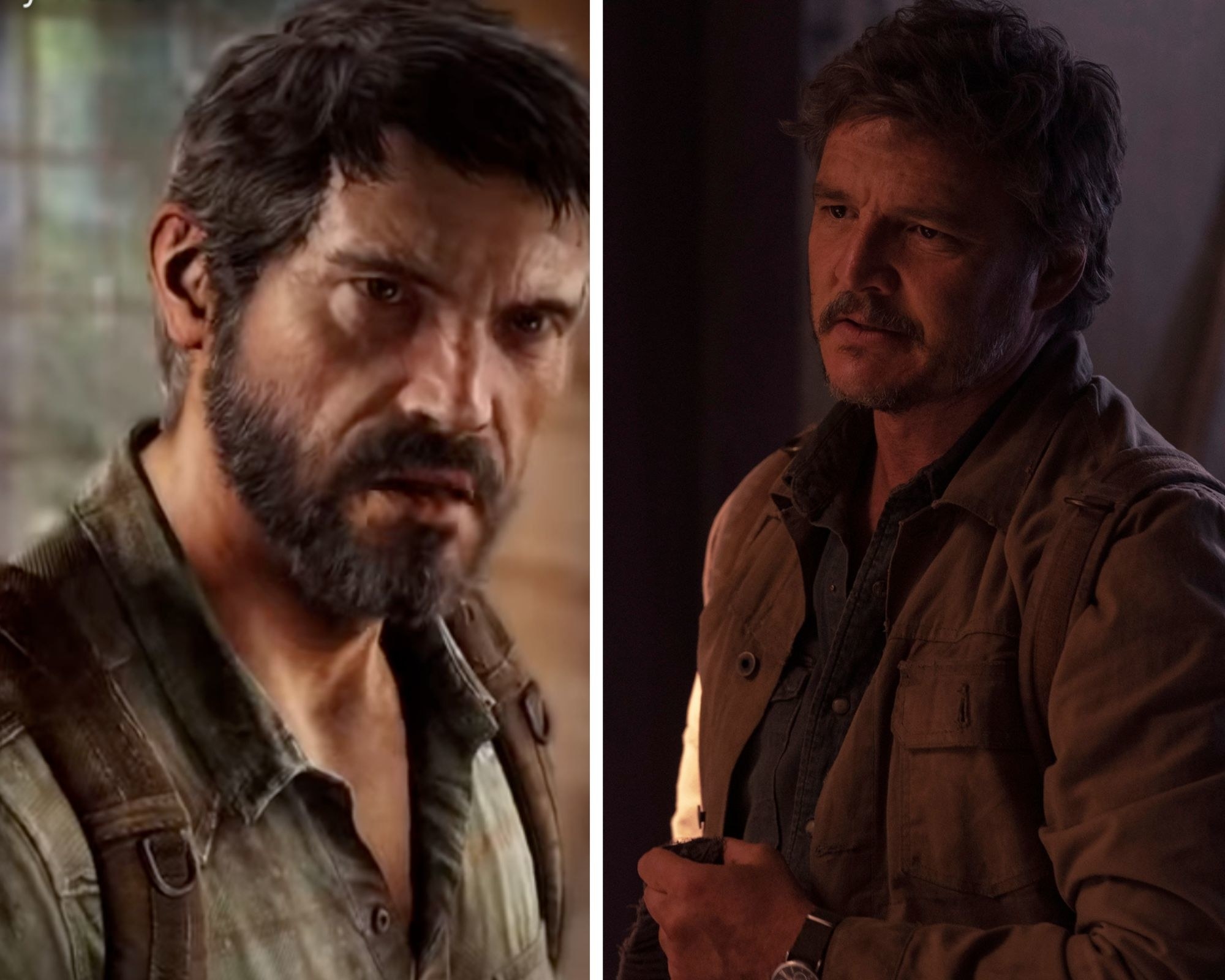 Side by side image of Joel in The Last of Us game and TV show