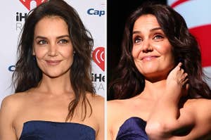 Katie Holmes smiles and looks to the left as she poses for a photo vs Katie Holmes looks surprised as she rests a hand behind her neck