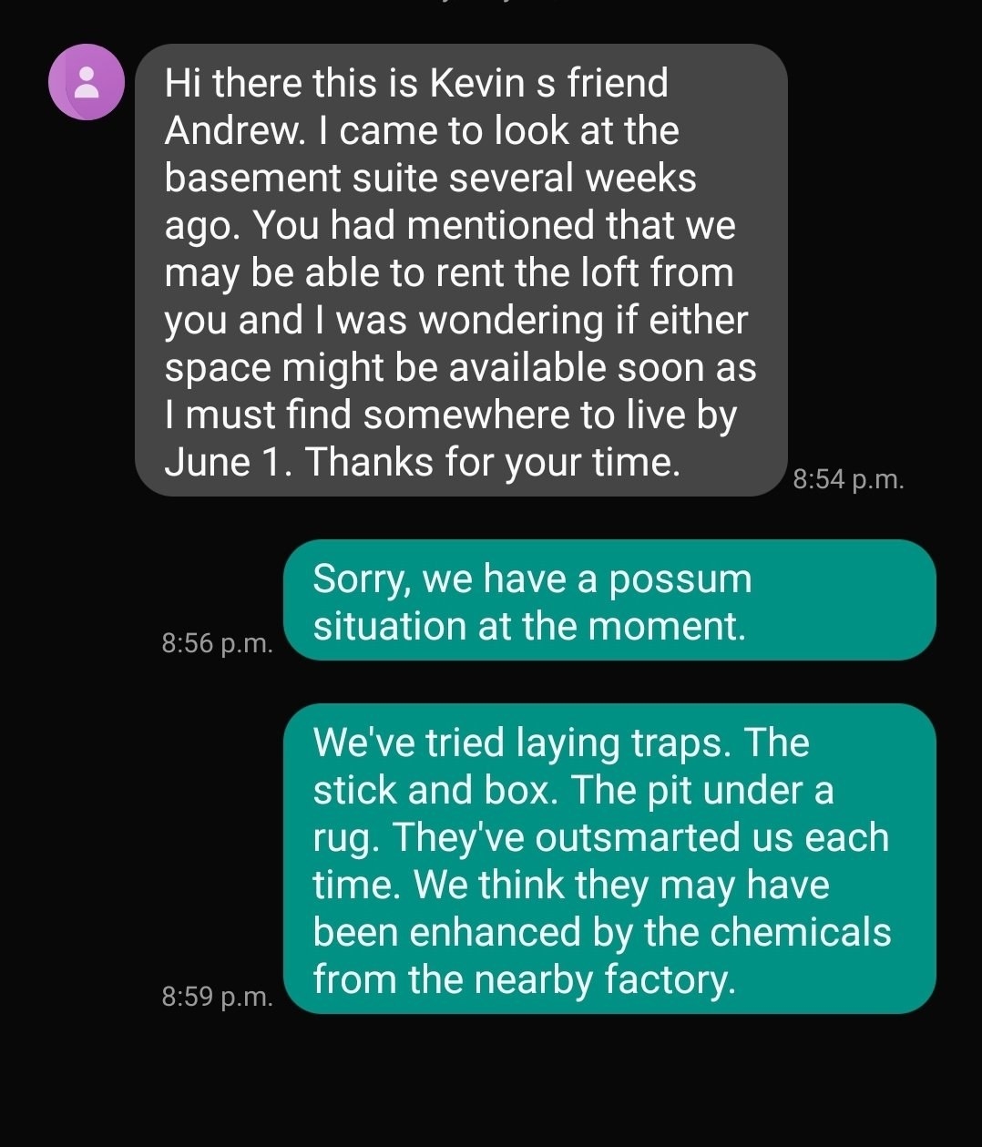 Person texts about basement or loft space to rent and coming to see it, and person responds that they have a &quot;possum situation&quot; and the possums have outsmarted them and they think they may have been enhanced by chemicals from a nearby factory
