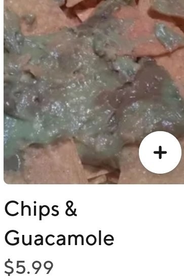 Chips covered with guacamole. Text below reads &quot;Chips &amp;amp; Guacamole $5.99&quot;