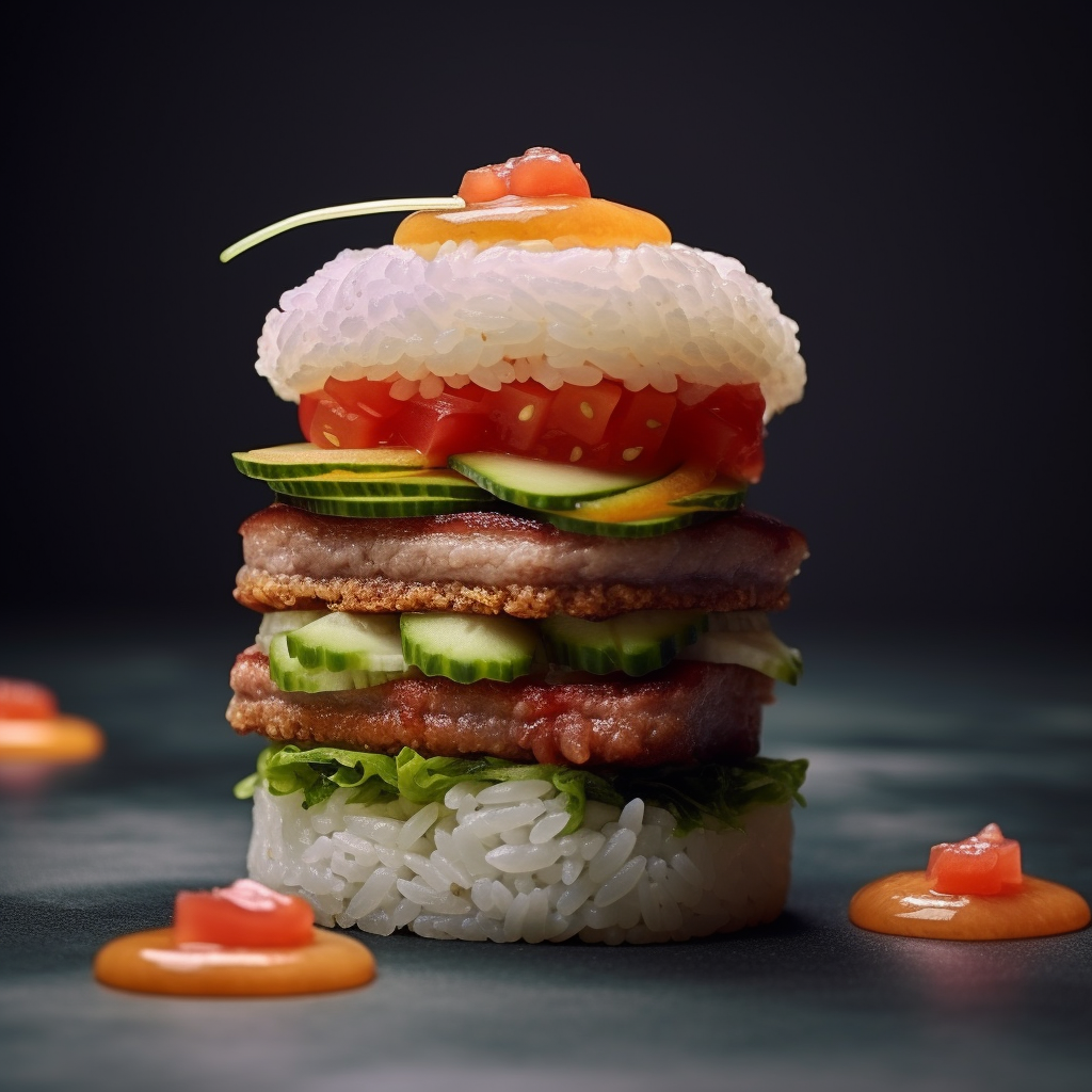 A gourmet sushi burger with layers of rice, tuna, cucumber, and tomato, garnished with a slice of carrot and small dollops of sauce around it