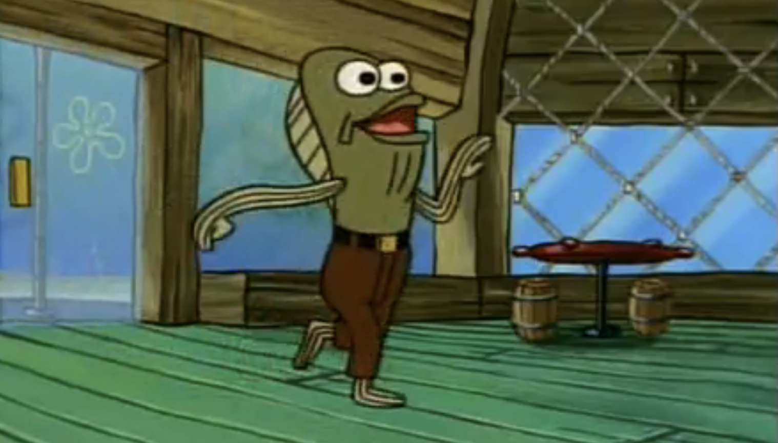 Fred the Fish from SpongeBob SquarePants walks inside the Krusty Krab restaurant. He appears animated and expressive