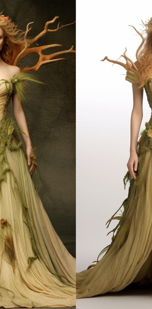 moss like dress with roots coming up behind the shoulders