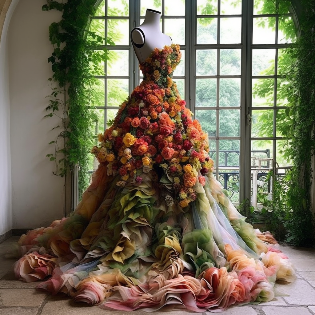 strapless down with long skirt and 3d flowers flowing up to the bodice