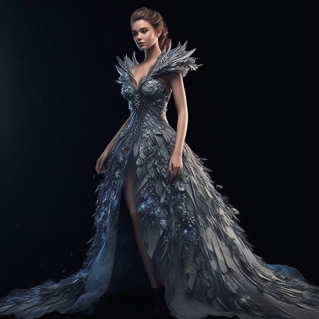 long dress with a slit in the front with feathers