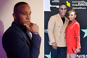DeVon Franklin looks deep in thought as he poses with his hand on his chin vs DeVon Franklin poses on the red carpet with Meagan Good