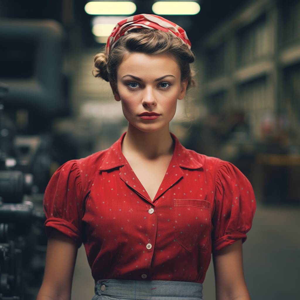 A woman in 1940s attire working at a factory