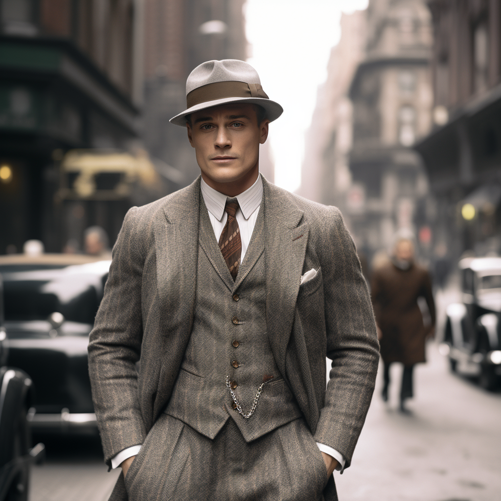 A man in a tweed suit on the streets of 1930s NYC