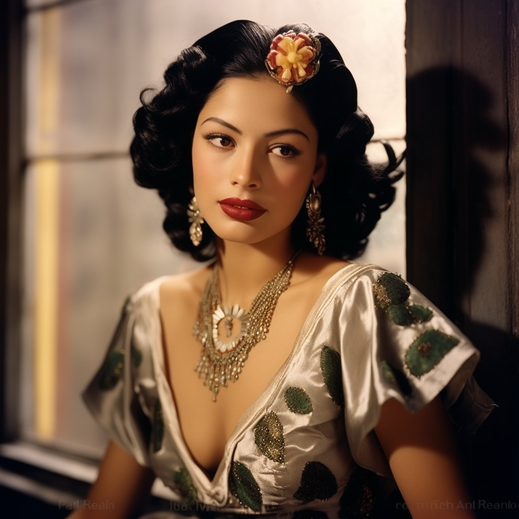 An Hispanic woman dressed in 1930s attire