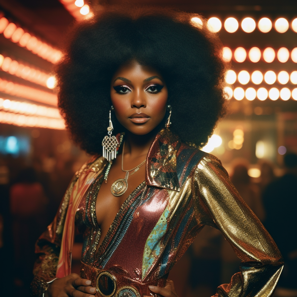 A beautiful Black woman with an afro at a disco in the &#x27;70s