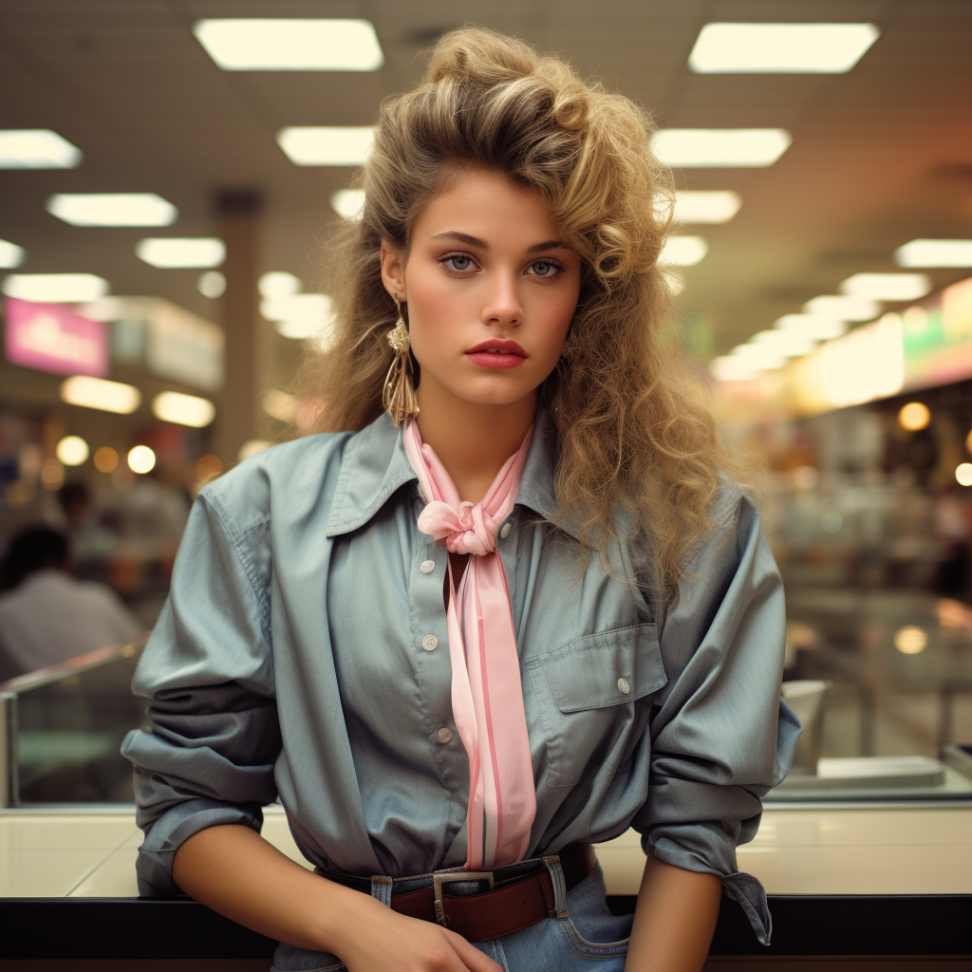 A woman in baggy &#x27;80s clothes with big hair at a mall