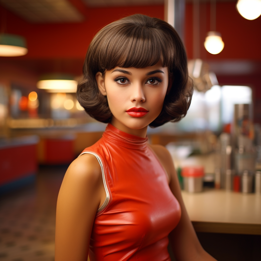 A Mexican woman at a diner with a &#x27;60s haircut and red leather shirt