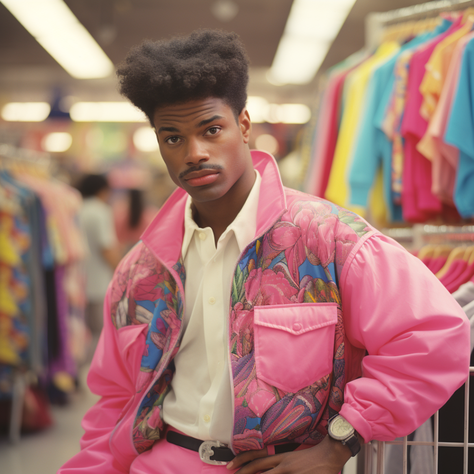 A man with a high-top hairstyle and a pink jacket in a mall