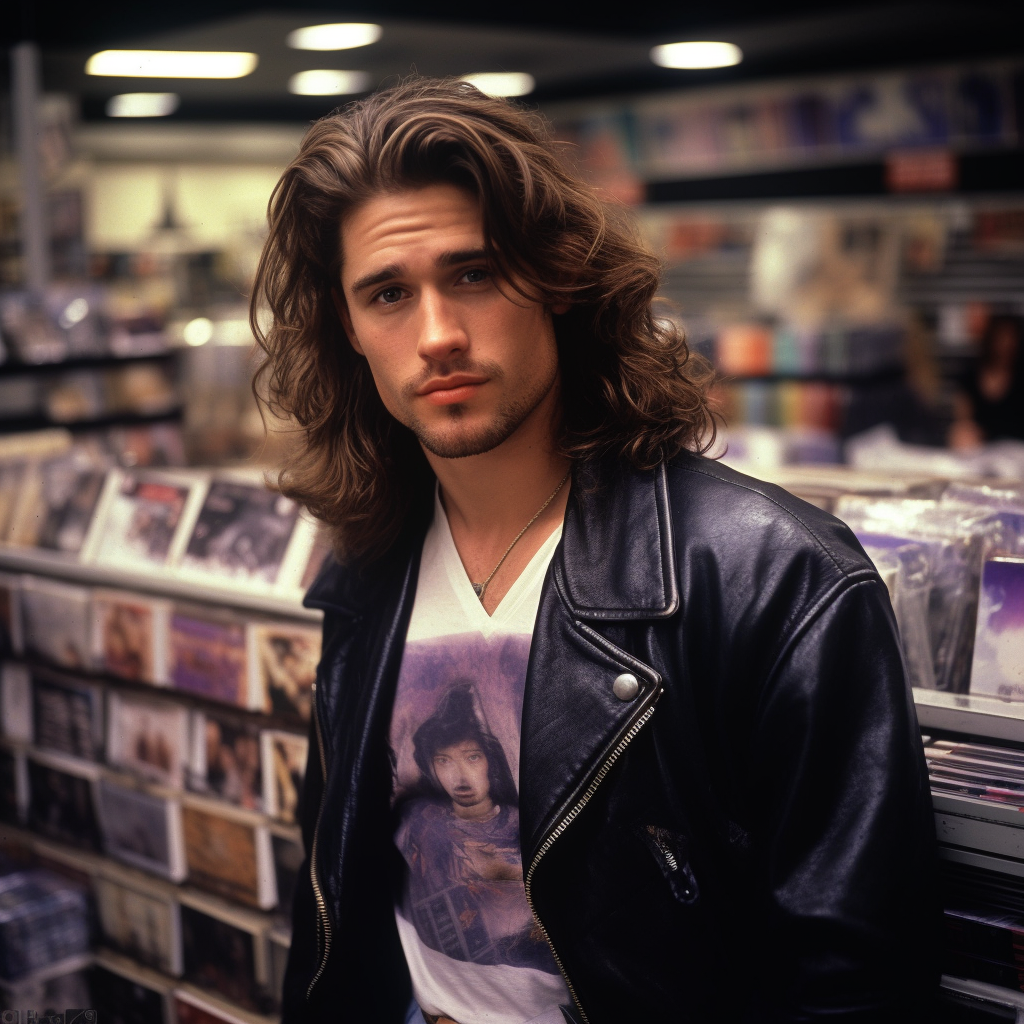 A man dressed in &#x27;90s fashion with long hair and a leather jacket in a CD store