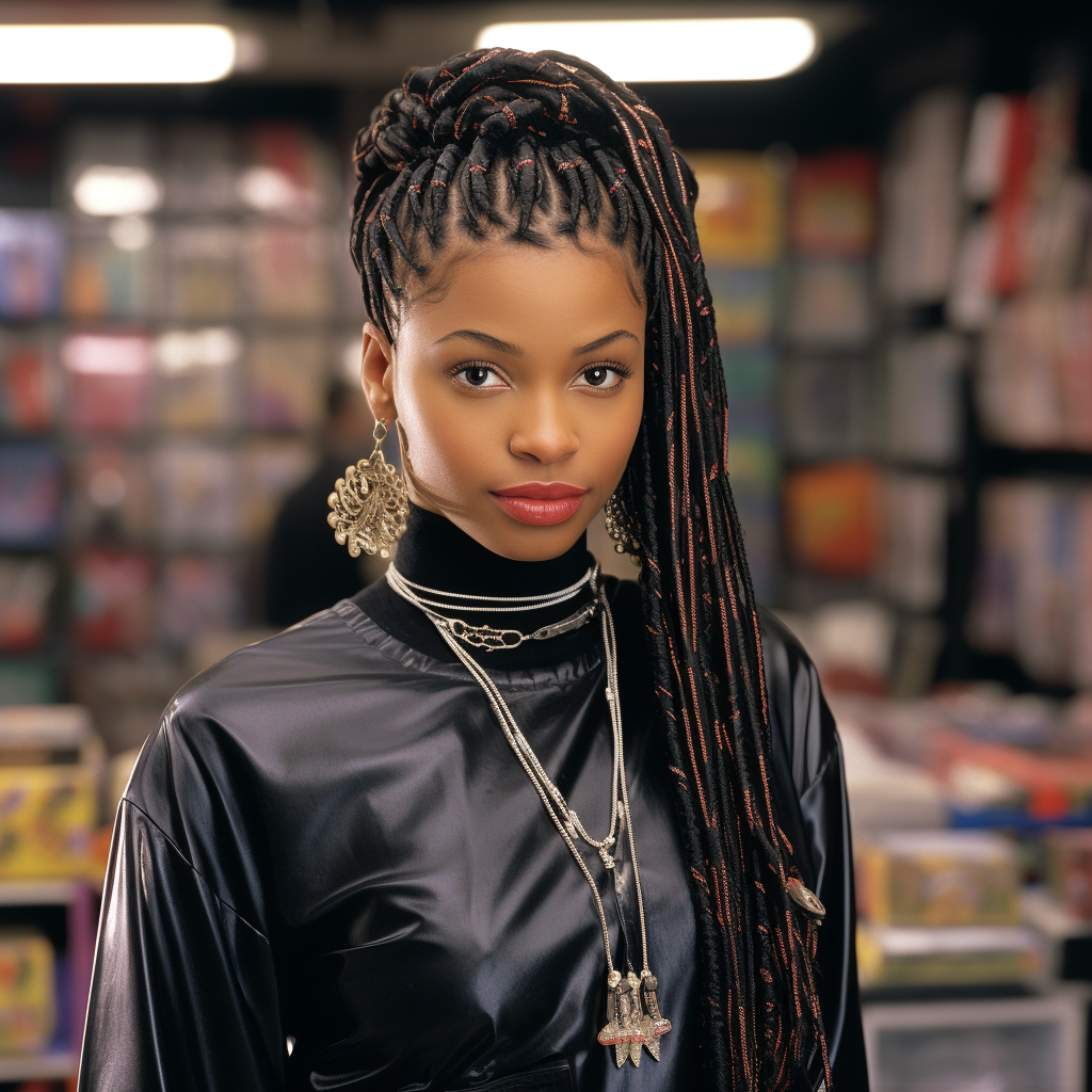 A woman in a leather shirt with microbraids