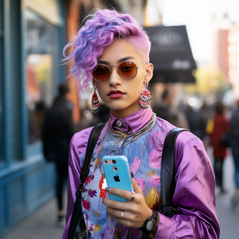 A person holding an iPhone with colorful hair