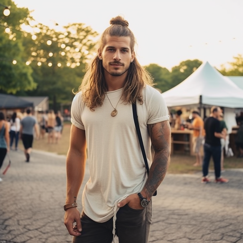 A guy in a white shirt with a manbun