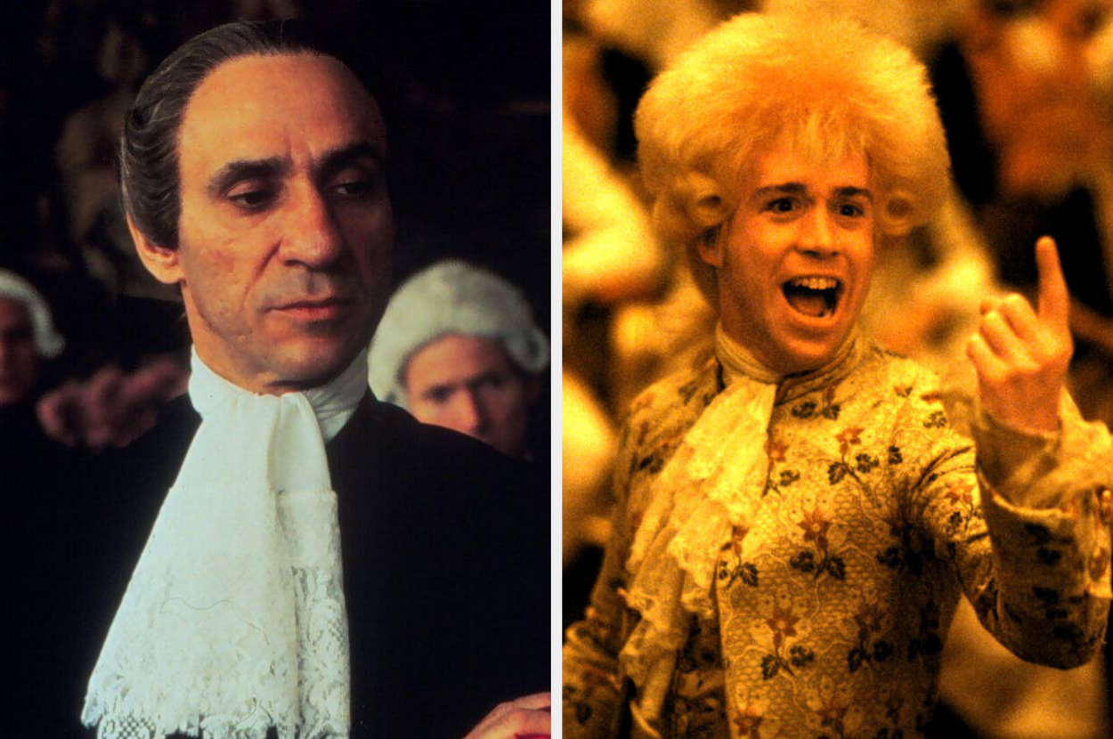 F. Murray Abraham as Antonio Salieri (left) in a formal suit and Tom Hulce as Wolfgang Amadeus Mozart (right) in an ornate, period costume from the film &quot;Amadeus.&quot;