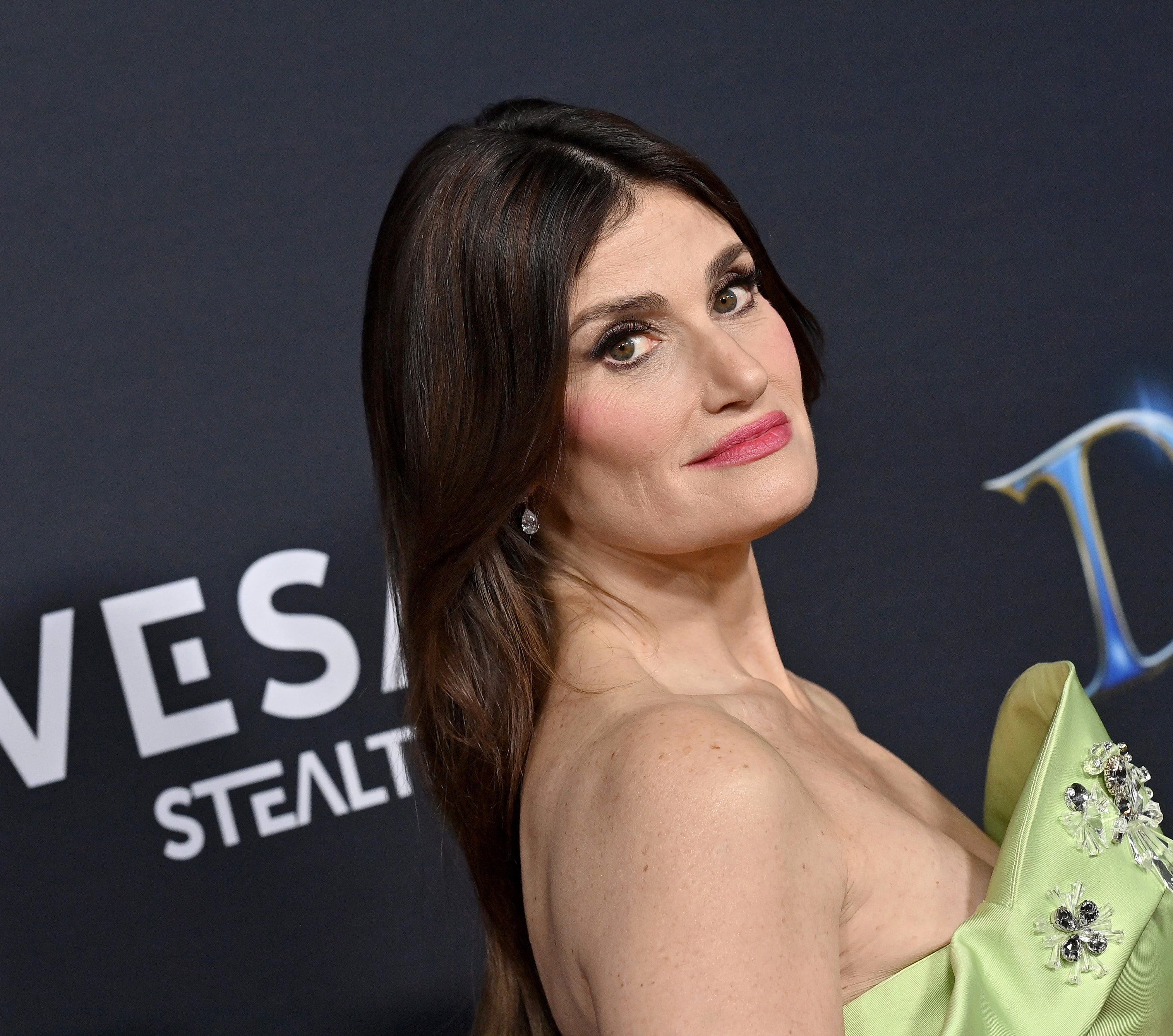 Close-up of Idina at a media event