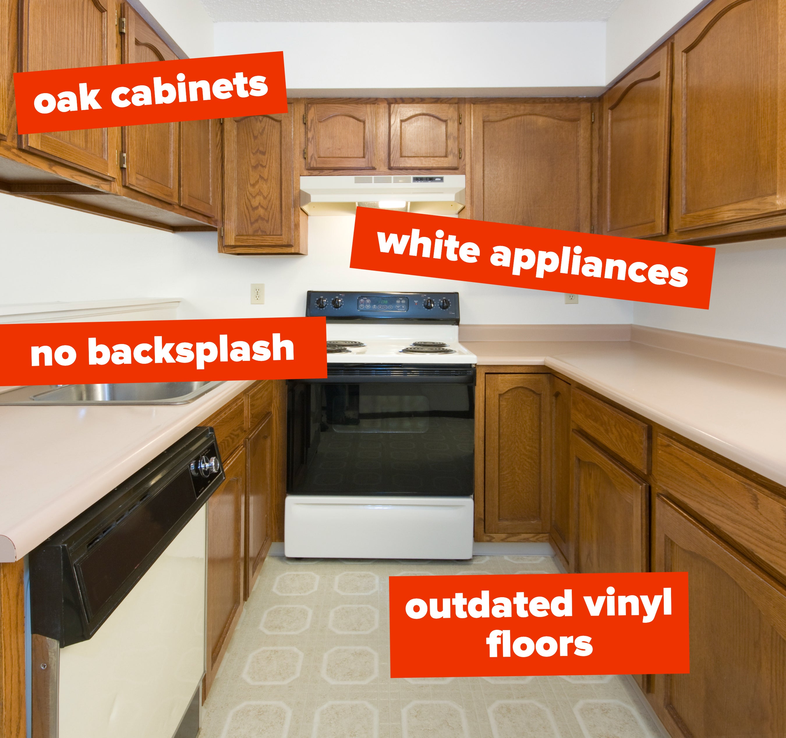 outdated kitchen with oak cabinets, white appliances, no backsplash, and outdated vinyl floors