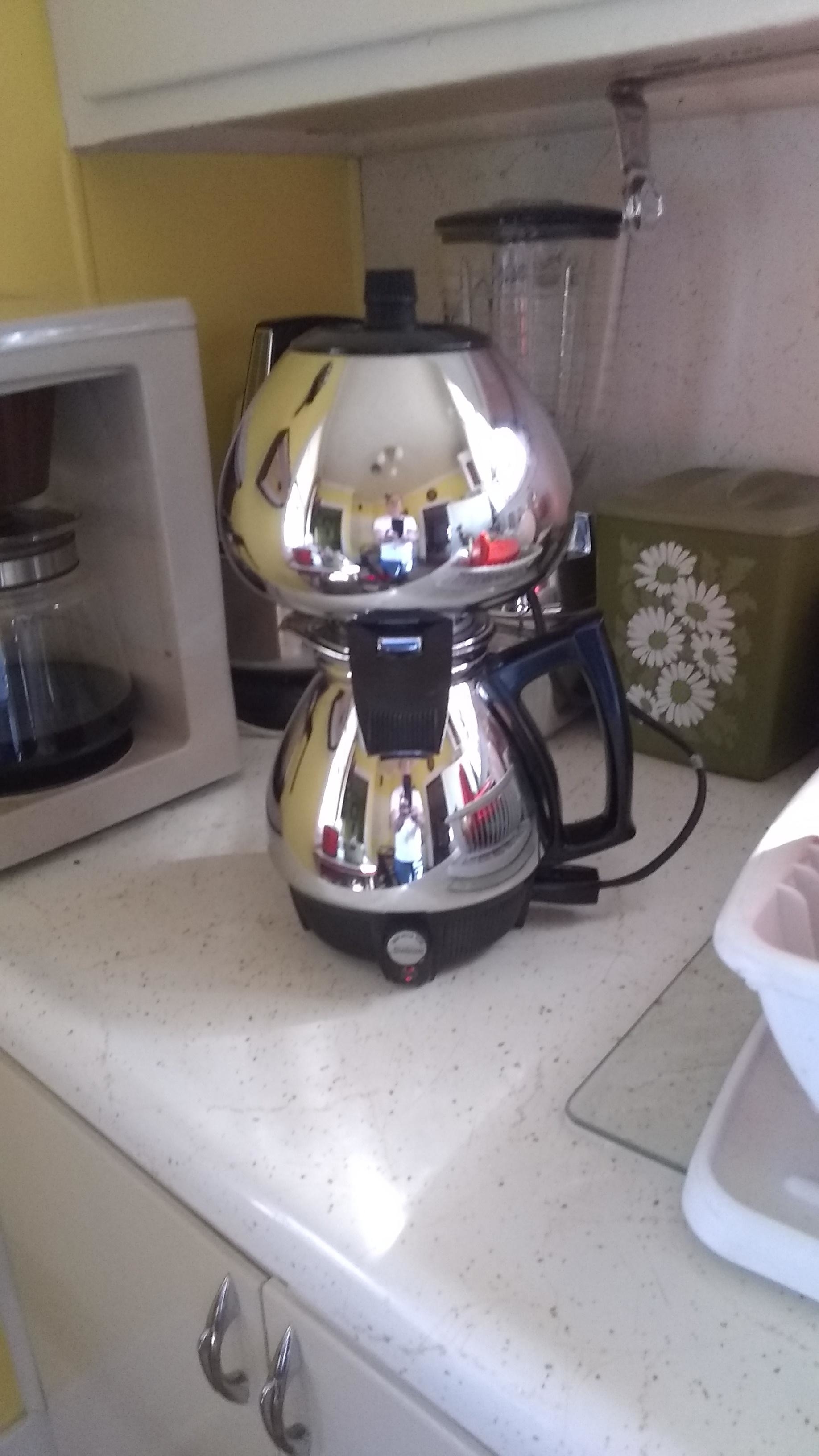 vintage stainless steel sunbeam coffee maker that looks like an hourglass