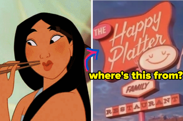 Mulan eats food off of chopsticks next to a separate image of a Disney movie restaurant sign that says "The Happy Platter"